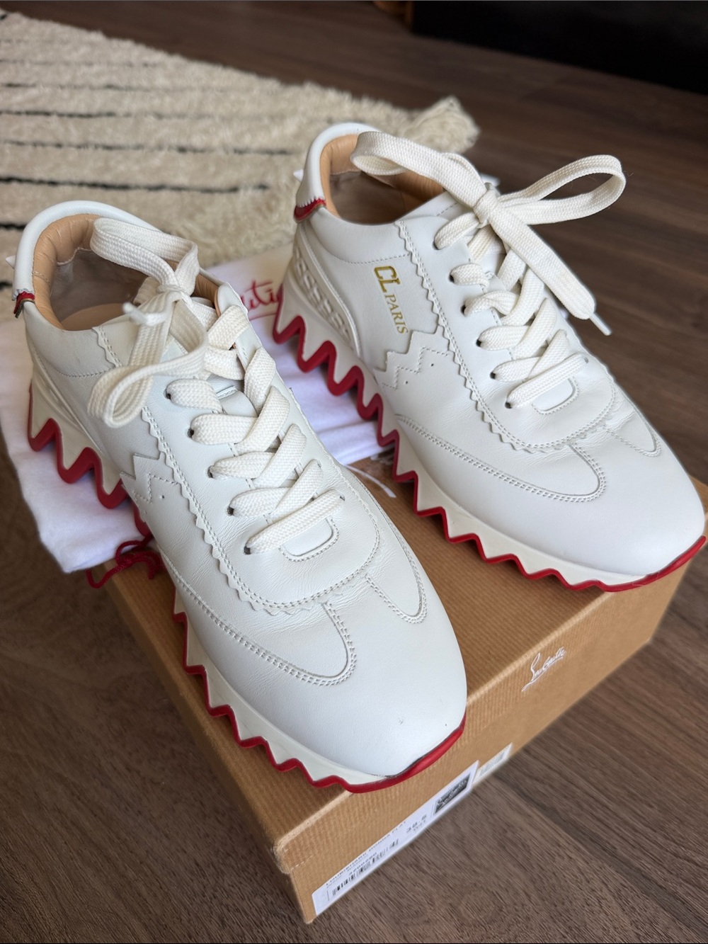 Christian Louboutin Cream White Sneakers with Red Zigzag Sole authentic